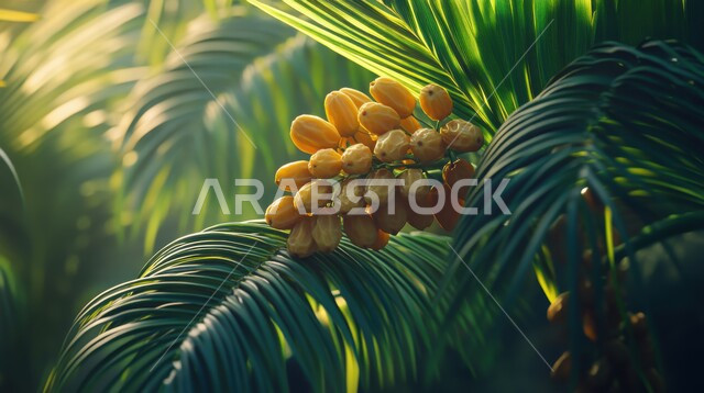 محمية طبيعية لزراعة أشجار النخيل في المملكة العربية السعودية، عنقود من حبات التمر الطازج, الاهتمام بالنباتات و الأشجار الخضراء المثمرة, موسم القطاف و الحصاد, محاصيل و منتجات زراعية محلية وطنية