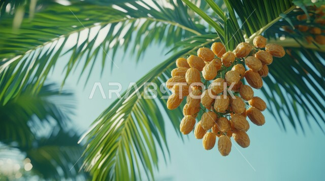 الاهتمام بالنباتات و الأشجار الخضراء المثمرة, موسم القطاف و الحصاد، محاصيل و منتجات زراعية محلية وطنية ,محمية طبيعية لزراعة أشجار النخيل في المملكة العربية السعودية، عنقود من حبات التمر الطازج