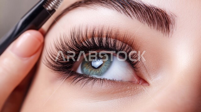 الإهتمام بالجمال والمظهر الخارجي، مفهوم الأنوثة والنعومة، روتين العناية بالبشرة، صورة مقربة لإمرأة عربية خليجية سعودية تقوم بوضع المكياج على وجهها، استخدام أدوات وفراشاة ظل العيون، سيدة خبيرة بمستحضرات التجميل، إبراز جمال العينين