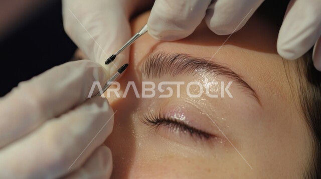 استخدام أدوات وفراشي الحواجب، سيدة خبيرة بمستحضرات التجميل، إبراز جمال العينين، الإهتمام بالجمال والمظهر الخارجي، مفهوم الأنوثة والنعومة، روتين العناية بالبشرة، صورة مقربة لفنانة مكياج تقوم بوضع الميك اب على وجه إمرأة عربية خليجية سعودية