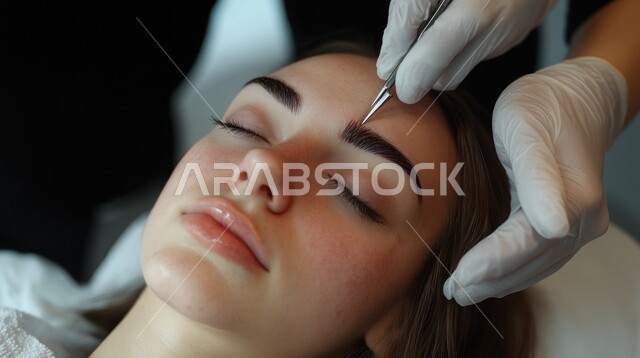 استخدام أدوات وفراشي الحواجب، سيدة خبيرة بمستحضرات التجميل، إبراز جمال العينين، الإهتمام بالجمال والمظهر الخارجي، مفهوم الأنوثة والنعومة، روتين العناية بالبشرة، صورة مقربة لفنانة مكياج تقوم بوضع الميك اب على وجه إمرأة عربية خليجية سعودية