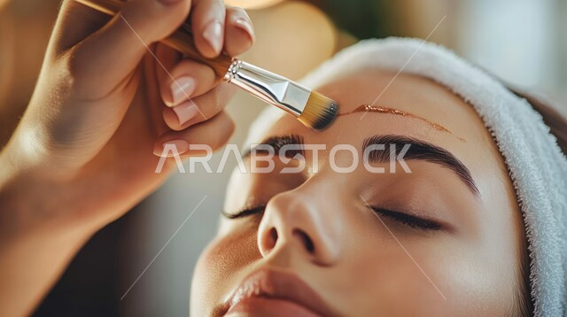 روتين العناية بالبشرة، خبيرة تجميل تقوم بوضع مواد وميك اب على وجه الزبونة، امرأة عربية خليجية سعودية في صالون تجميلي نسائي بايماءات الاسترخاء، استخدام أدوات وفرشاة المكياج، الاهتمام بالجمال والمظهر الخارجي، مفهوم الأنوثة والنعومة