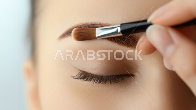 الإهتمام بالجمال والمظهر الخارجي، مفهوم الأنوثة والنعومة، روتين العناية بالبشرة، صورة مقربة لإمرأة عربية خليجية سعودية تقوم بوضع المكياج على وجهها، استخدام أدوات وفراشاة ظل العيون، سيدة خبيرة بمستحضرات التجميل، إبراز جمال العينين