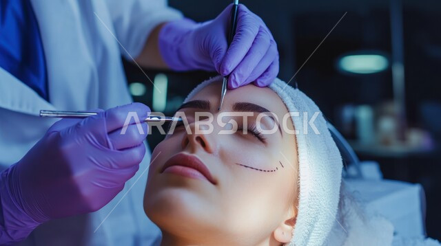 روتين العناية بالبشرة، خبيرة تجميل تقوم بوضع مواد وميك اب على وجه الزبونة، امرأة عربية خليجية سعودية في صالون تجميلي نسائي بايماءات الاسترخاء، استخدام أدوات وفرشاة المكياج، الاهتمام بالجمال والمظهر الخارجي، مفهوم الأنوثة والنعومة