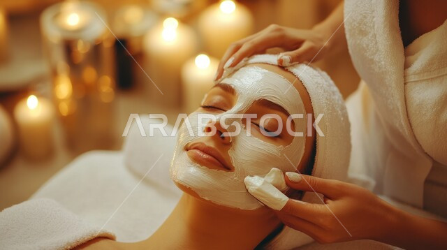 ماسك تنظيف وتقشير البشرة، استخدام مكونات تجميلية، الإهتمام بالجمال والمظهر الخارجي، مفهوم الأنوثة والنعومة، روتين العناية بالبشرة، خبيرة تجميل تقوم بوضع قناع الترطيب على وجه الزبونة، إمرأة عربية خليجية سعودية في صالون تجميلي نسائي 