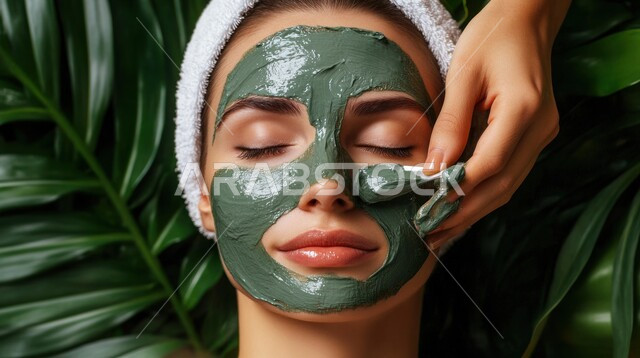 استخدام مكونات تجميلية، الإهتمام بالجمال والمظهر الخارجي، مفهوم الأنوثة والنعومة، روتين العناية بالبشرة، خبيرة تجميل تقوم بوضع قناع الترطيب على وجه الزبونة، صورة  مقربة لإمرأة عربية خليجية سعودية في صالون تجميلي نسائي، ماسك تنظيف وتقشير البشرة