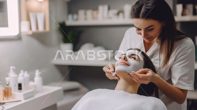 ماسك تنظيف وتقشير البشرة، استخدام مكونات تجميلية، الإهتمام بالجمال والمظهر الخارجي، مفهوم الأنوثة والنعومة، روتين العناية بالبشرة، خبيرة تجميل تقوم بوضع قناع الترطيب على وجه الزبونة، إمرأة عربية خليجية سعودية في صالون تجميلي نسائي 