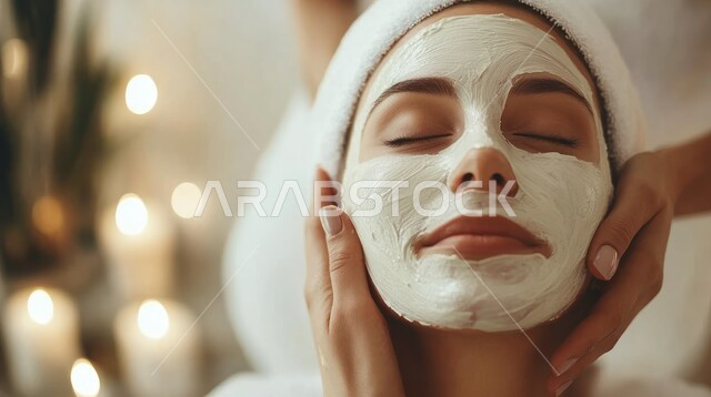 استخدام مكونات تجميلية، الإهتمام بالجمال والمظهر الخارجي، مفهوم الأنوثة والنعومة، روتين العناية بالبشرة، خبيرة تجميل تقوم بوضع قناع الترطيب على وجه الزبونة، صورة  مقربة لإمرأة عربية خليجية سعودية في صالون تجميلي نسائي، ماسك تنظيف وتقشير البشرة