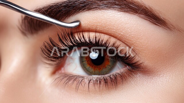 مفهوم الأنوثة والنعومة، روتين العناية بالبشرة، صورة مقربة لإمرأة عربية خليجية سعودية تقوم بوضع المكياج على وجهها، استخدام أدوات وفراشاة الحواجب، سيدة خبيرة بمستحضرات التجميل، إبراز جمال العينين، الإهتمام بالجمال والمظهر الخارجي