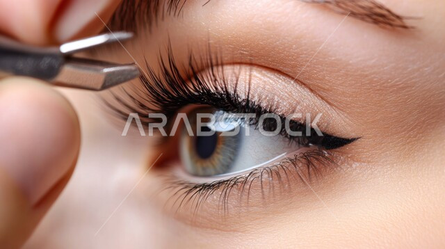 مفهوم الأنوثة والنعومة، روتين العناية بالبشرة، صورة مقربة لإمرأة عربية خليجية سعودية تقوم بوضع المكياج على وجهها، استخدام أدوات تركيب الرموش، سيدة خبيرة بمستحضرات التجميل، إبراز جمال العينين، الإهتمام بالجمال والمظهر الخارجي