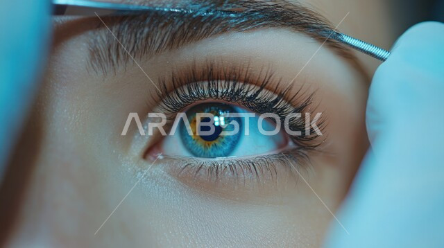 مفهوم الأنوثة والنعومة، روتين العناية بالبشرة، صورة مقربة لإمرأة عربية خليجية سعودية تقوم بوضع المكياج على وجهها، استخدام أدوات وفراشاة الحواجب، سيدة خبيرة بمستحضرات التجميل، إبراز جمال العينين، الإهتمام بالجمال والمظهر الخارجي