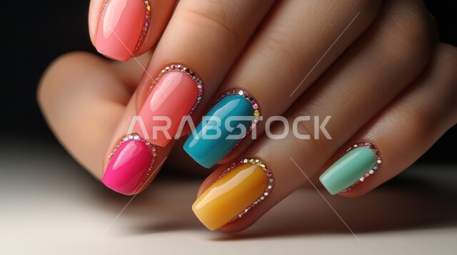 استخدام مستحضرات ومواد تجميل الأظافر، مفهوم الأنوثة  والنعومة، الاهتمام بالأناقة والمظهر الخارجي، التسويق لمنتجات التجميل، صورة مقربة ليد امرأة عربية خليجية سعودية تضع طلاء الأظافر (المانيكير)