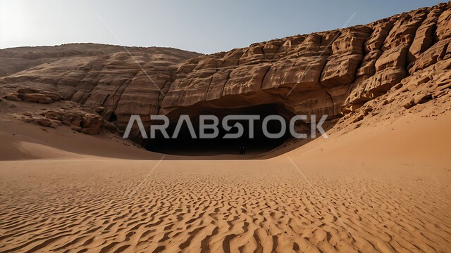 المساحات الواسعة في صحاري المملكة العربية السعودية, التشكيلات والكثبان الرملية الكثيفة, الكهوف والمغارات القديمة, التضاريس والتكوينات الصخرية في الصحراء, منظر الرمال الذهبية الناعمة تحت أشعة الشمس