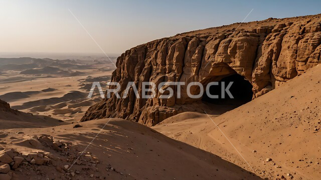 منظر الرمال الذهبية الناعمة تحت أشعة الشمس, المساحات الواسعة في صحاري المملكة العربية السعودية, التشكيلات والكثبان الرملية الكثيفة, الكهوف والمغارات القديمة, التضاريس والتكوينات الصخرية في الصحراء