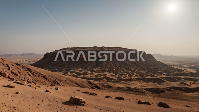 Desert terrain and rock formations, view of soft golden sand under the sun, vast expanses of the deserts of Saudi Arabia, dense sand formations and dunes, ancient caves and caverns