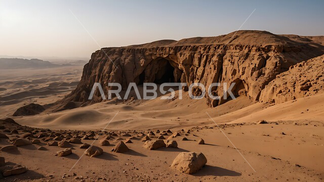 الكهوف والمغارات القديمة, التضاريس والتكوينات الصخرية في الصحراء, منظر الرمال الذهبية الناعمة تحت أشعة الشمس, المساحات الواسعة في صحاري المملكة العربية السعودية, التشكيلات والكثبان الرملية الكثيفة