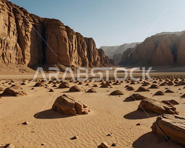 View of soft golden sand under the sun, vast expanses of the deserts of Saudi Arabia, view of a valley in the desert areas, dense sand dunes and formations, rock formations and terrain in the desert