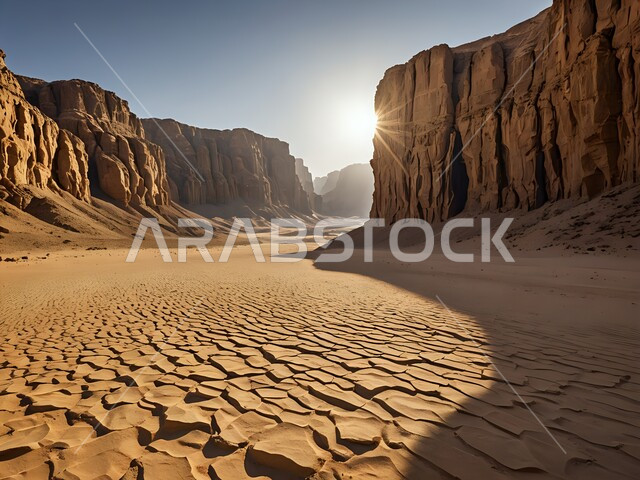 التكوينات والتضاريس الصخرية في الصحراء, منظر الرمال الذهبية الناعمة تحت أشعة الشمس, المساحات الواسعة في صحاري المملكة العربية السعودية, منظر لوادي في المناطق الصحراوية, الكثبان و التشكيلات الرملية الكثيفة