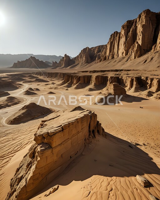 منظر لوادي في المناطق الصحراوية, التشكيلات والكثبان الرملية الكثيفة, التضاريس والتكوينات الصخرية في الصحراء, منظر الرمال الذهبية الناعمة تحت أشعة الشمس, المساحات الواسعة في صحاري المملكة العربية السعودية