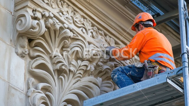 مهن ووظائف سعودية، العمل في القطاع الهندسي، مهندس عربي خليجي سعودي يرتدي سترة وخوذة الحماية يقوم بنحت  البناء، الفن الهندسي المعماري على الطراز القديم, ديكورات وتصاميم وزخارف تراثية، أبرز الفنون المنتجة من حضارات العالم التاريخي