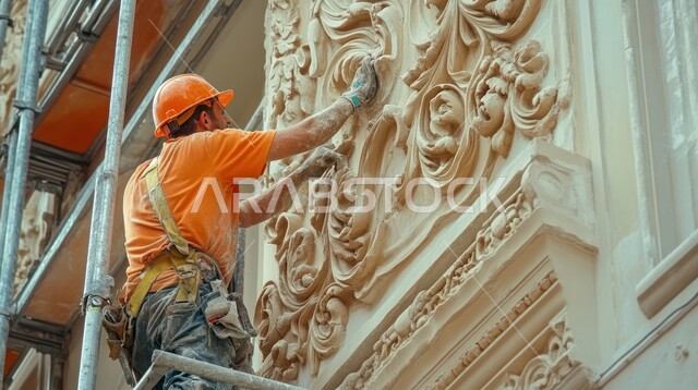 أبرز الفنون المنتجة من حضارات العالم التاريخي، مهن ووظائف سعودية، العمل في القطاع الهندسي، مهندس عربي خليجي سعودي يرتدي سترة وخوذة الحماية يقوم بنحت  البناء، الفن الهندسي المعماري على الطراز القديم, ديكورات وتصاميم وزخارف تراثية