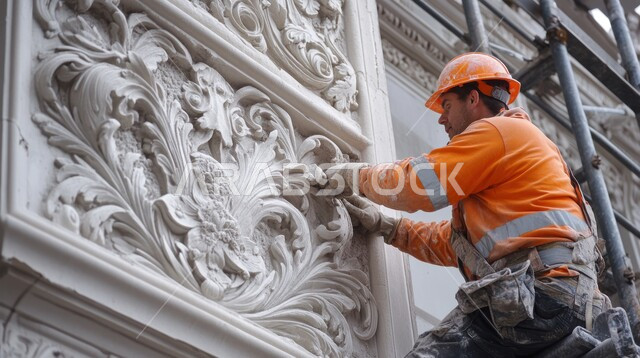 العمل في القطاع الهندسي، مهندس عربي خليجي سعودي يرتدي سترة وخوذة الحماية يقوم بنحت  البناء، الفن الهندسي المعماري على الطراز القديم, ديكورات وتصاميم وزخارف تراثية, أبرز الفنون المنتجة من حضارات العالم التاريخي، مهن ووظائف سعودية