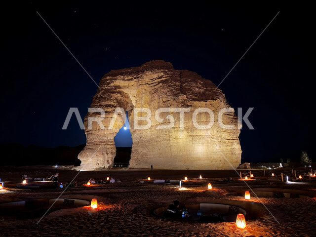 Rock formations and formations in desert areas, Elephant Mountain in AlUla at night, the concept of ancient civilizations, historical archaeological landmarks, famous tourist places in the Kingdom of Saudi Arabia