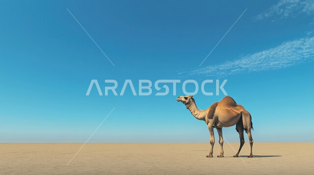 Purebred Arabian camel standing on soft golden sand in the middle of the desert, camel and dromedary care in the nature reserves in the Kingdom of Saudi Arabia, hills and sand dunes, interest in raising livestock and mammals in the desert