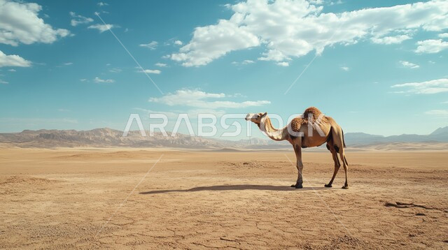 Purebred Arabian camel standing on soft golden sand in the middle of the desert, camel and dromedary care in the nature reserves in the Kingdom of Saudi Arabia, hills and sand dunes, interest in raising livestock and mammals in the desert