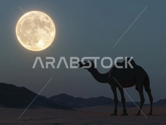 منظر البدر المضيء في السماء، جمل عربي أصيل يقف فوق الرمال الذهبية الناعمة وسط الصحراء، رعاية الجمال والابل في المحميات الطبيعية في المملكة العربية السعودية، التلال و الكثبان الرملية، الاهتمام بتربية المواشي والثدييات في الصحاري