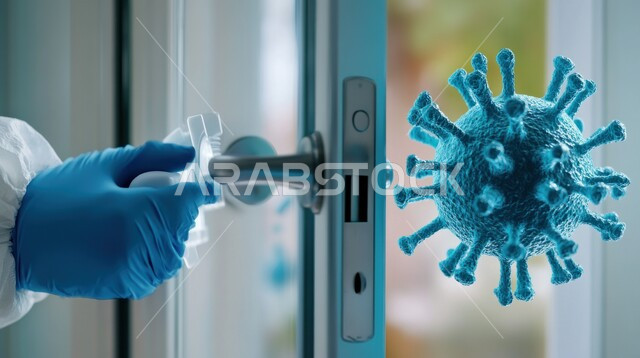 مجسمات هولوجرامية ثلاثية الأبعاد للفيروسات، مفهوم الجراثيم والبكتيريا، اتباع الاحترازات ضد كوفيد 19، الوقايه من فايروس كورونا، صورة مقربة ليد رجل عربي خليجي سعودي يرتدي الرداء البلاستيكي و القفازات الطبية يقوم بفتح الباب