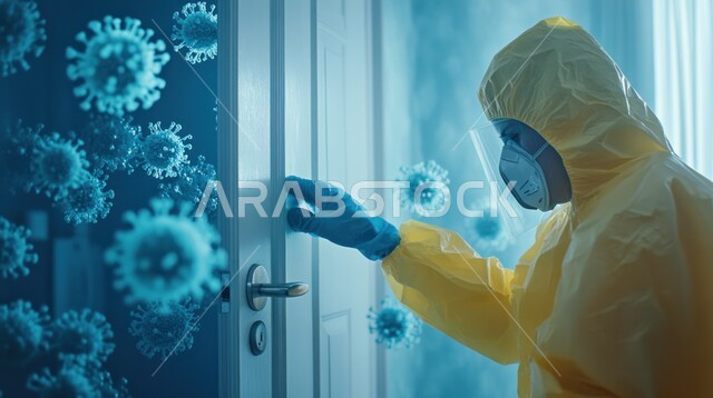 اتباع الاحترازات ضد كوفيد 19، الوقايه من فايروس كورونا، صورة مقربة لرجل عربي خليجي سعودي يرتدي الرداء البلاستيكي و القفازات والقناع الطبي يقوم بفتح الباب، مجسمات هولوجرامية ثلاثية الأبعاد للفيروسات، مفهوم الجراثيم والبكتيريا