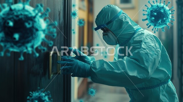 مفهوم الجراثيم والبكتيريا, إتباع الاحترازات ضد كوفيد 19، الوقايه من فايروس كورونا، صورة مقربة لرجل عربي خليجي سعودي يرتدي الرداء البلاستيكي و القفازات والقناع الطبي يقوم بفتح الباب، مجسمات هولوجرامية ثلاثية الأبعاد للفيروسات 
