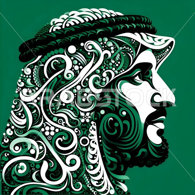 Drawings of characters using Arabic letters, a painting of a Saudi Arabian Gulf man wearing a shemagh and looking somewhere, showing Saudi heritage, authenticity and civilization, using the arts of Arabic calligraphy, planning and drawing with words to form artistic paintings, green background