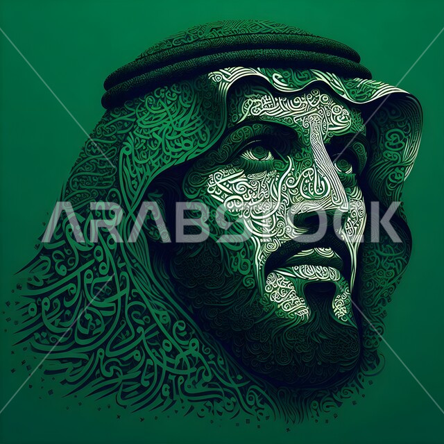 رسومات لشخصيات باستعمال حروف اللغة العربية، لوحة مرسومة لرجل عربي خليجي سعودي يضع الشماغ وينظر إلى مكان ما، إظهار التراث والأصالة والحضارة السعودية، استخدام فنون الخط العربي والتخطيط والرسم بالكلمات لتشكيل اللوحات الفنية، خلفية خضراء