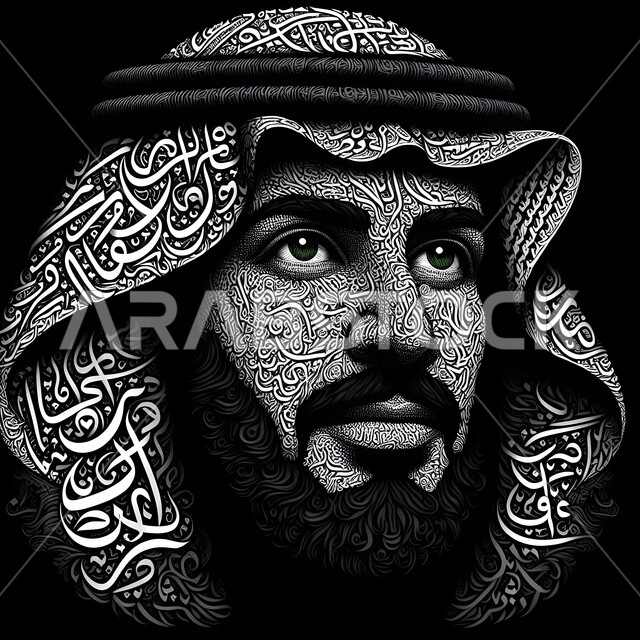 لوحة مرسومة لرجل عربي خليجي سعودي يضع الشماغ وينظر إلى مكان ما، رسومات لشخصيات باستعمال حروف اللغة العربية، إظهار التراث والأصالة والحضارة السعودية، استخدام فنون الخط العربي والتخطيط والرسم بالكلمات لتشكيل اللوحات الفنية، خلفية سوداء