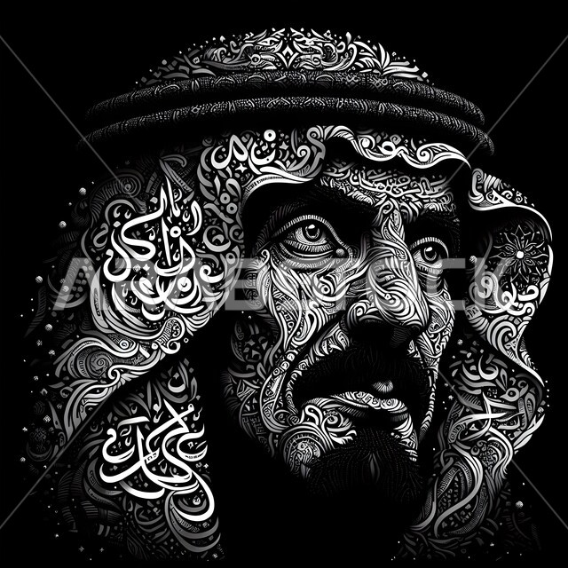 لوحة مرسومة لرجل عربي خليجي سعودي يضع الشماغ وينظر إلى مكان ما، رسومات لشخصيات باستعمال حروف اللغة العربية، إظهار التراث والأصالة والحضارة السعودية، استخدام فنون الخط العربي والتخطيط والرسم بالكلمات لتشكيل اللوحات الفنية، خلفية سوداء