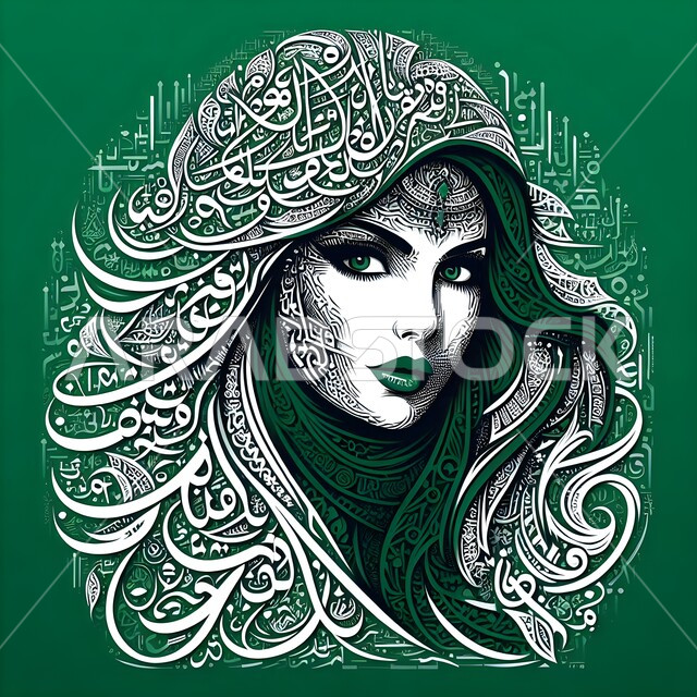 استخدام فنون الخط العربي والتخطيط والرسم بالكلمات لتشكيل اللوحات الفنية، رسومات لشخصيات باستعمال حروف اللغة العربية، لوحة مرسومة لامرأة عربية خليجية سعودية ترتدي الحجاب، إظهار التراث والأصالة والحضارة السعودية، خلفية خضراء