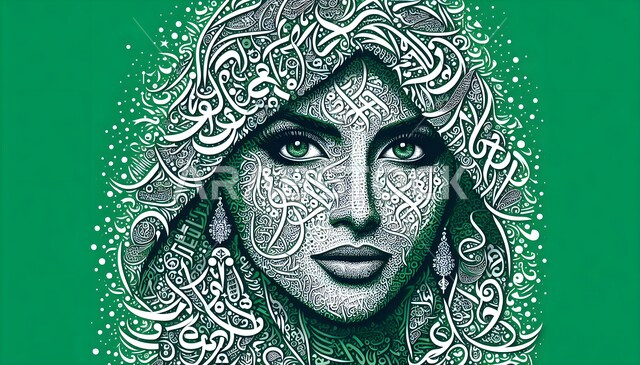استخدام فنون الخط العربي والتخطيط والرسم بالكلمات لتشكيل اللوحات الفنية، رسومات لشخصيات باستعمال حروف اللغة العربية، لوحة مرسومة لامرأة عربية خليجية سعودية ترتدي الحجاب، إظهار التراث والأصالة والحضارة السعودية، خلفية خضراء