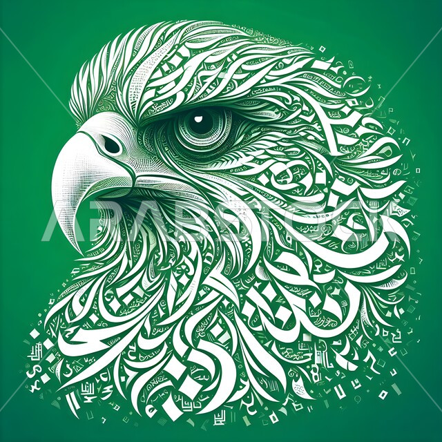 رسوم لطائر الصقر باستعمال حروف اللغة العربية، استخدام فنون الخط العربي والتخطيط والرسم بالكلمات لتشكيل اللوحات الفنية، لوحة مرسومة لحيوان الصقر ذو المنقار المدبب، مفهوم البصر القوي والحاد، إظهار التراث والأصالة السعودية، خلفية خضراء