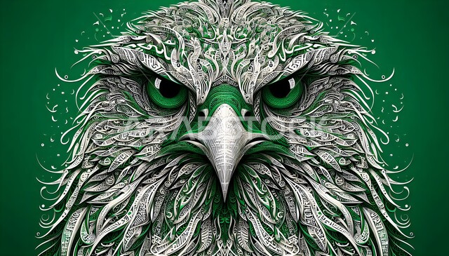 رسوم لطائر الصقر باستعمال حروف اللغة العربية، استخدام فنون الخط العربي والتخطيط والرسم بالكلمات لتشكيل اللوحات الفنية، لوحة مرسومة لحيوان الصقر ذو المنقار المدبب، مفهوم البصر القوي والحاد، إظهار التراث والأصالة السعودية، خلفية خضراء