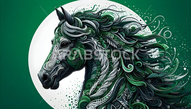 توارث حب الجياد بين الأجيال، تشكيل اللوحات الفنية باستخدام فنون الخط العربي والتخطيط والرسم بالكلمات، رسوم للخيل الأصيل باستعمال حروف اللغة العربية، لوحة مرسومة لحيوان الحصان، إظهار التراث والأصالة السعودية، خلفية خضراء