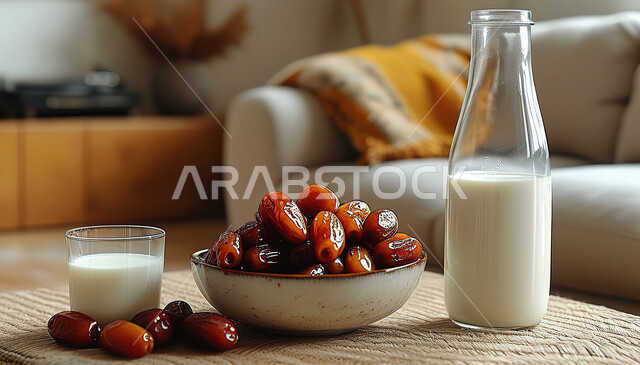 حسن الضيافه وكرم الإستقبال في الأعياد والمناسبات الدينية، وجبة فطور رمضاني صحي، طعام ذات قيمة غذائية عالية، طبق من التمر السكري مع الحليب، انواع من التمور اللذيذة
