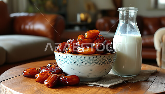 حسن الضيافه وكرم الإستقبال في الأعياد والمناسبات الدينية، وجبة فطور رمضاني صحي، طعام ذات قيمة غذائية عالية، طبق من التمر السكري مع الحليب، انواع من التمور اللذيذة