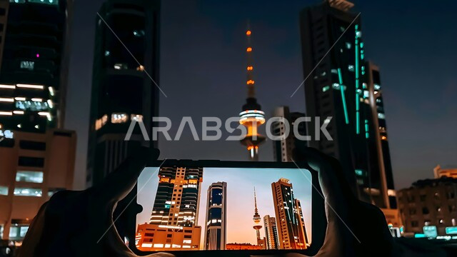 التصميم الهندسي المعماري للأبراج وناطحات السحاب في مدينة الكويت، صورة مقربة لأيدي شخص يقوم بتصوير برج التحرير الشاهق للاتصالات السلكية واللاسلكية، المعالم السياحية والواجهة الحضارية في دولة الكويت، استخدام الأجهزة التقنية الحديثة في التوثيق