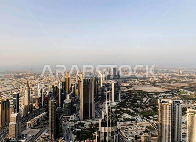 Urban development in the United Arab Emirates, modern architectural engineering art of high-rise buildings and skyscrapers, aerial photo of towers and commercial and residential buildings in Dubai, famous tourist places and landmarks