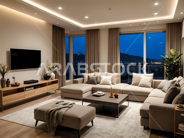 التصاميم الأنيقة لغرف الجلوس المريحة على الطراز الحديث، تحف واكسسوارات عصرية، غرفة معيشة مع أثاث منزلي فاخر، الديكورات الداخلية الراقية للفلل والشقق السكنية في المملكة العربية السعودية