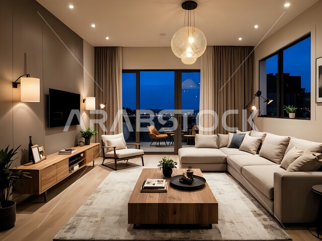 التصاميم الأنيقة لغرف الجلوس المريحة على الطراز الحديث، تحف واكسسوارات عصرية، غرفة معيشة مع أثاث منزلي فاخر، الديكورات الداخلية الراقية للفلل والشقق السكنية في المملكة العربية السعودية