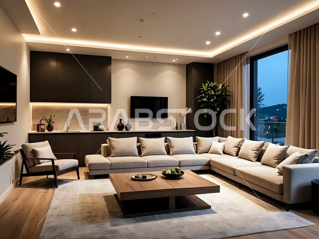 التصاميم الأنيقة لغرف الجلوس المريحة على الطراز الحديث، تحف واكسسوارات عصرية، غرفة معيشة مع أثاث منزلي فاخر، الديكورات الداخلية الراقية للفلل والشقق السكنية في المملكة العربية السعودية