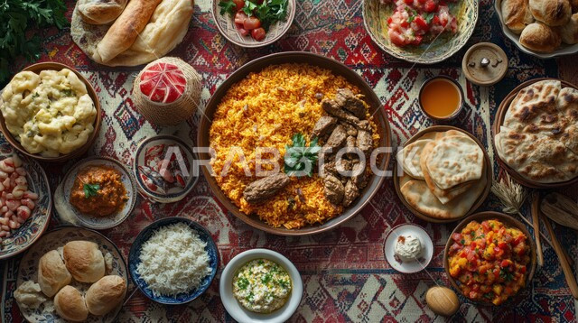 أجواء شهر رمضان المبارك، العزائم والولائم في الأعياد والمناسبات الاسلامية ، المقبلات والأطباق المعدنية  والأصناف العربية الشرقية اللذيذة ، مائدة طعام مليئة بالوجبات المتنوعة الرمضانية، سفرة من المأكولات الشعبية التقليدية الشهية